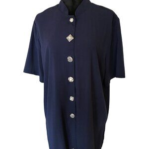 Two Twenty Vintage Rayon Blend Tunic: Dark Blue Blazer, Unique Buttons, Size 18